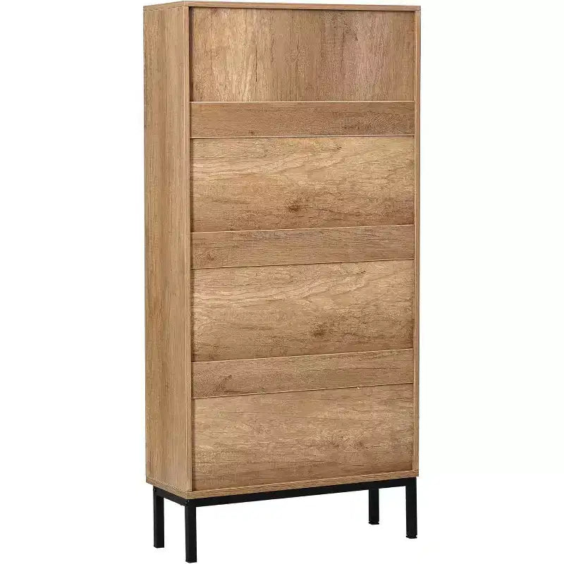 Meuble à chaussures en rotin naturel, organisateur de chaussures d'entrée à 3 niveaux et 6 compartiments, poignée en bois et base en métal mat, 26,6x9,4x48,2