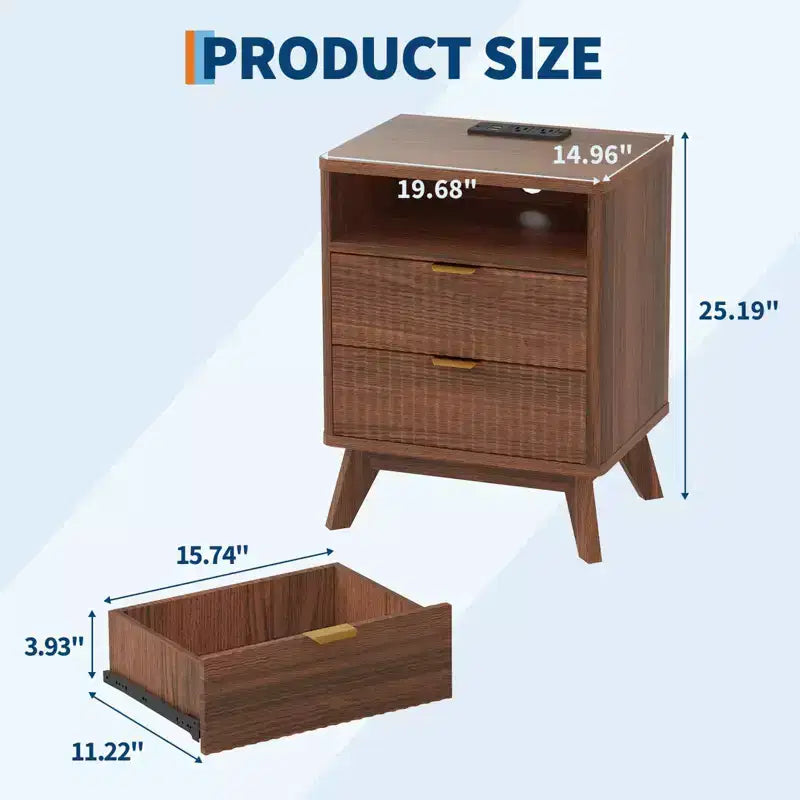Table de chevet cannelée moderne, Table d'appoint en bois, Table d'appoint avec 2 tiroirs + étagère ouverte, Table de chevet pour chambre à coucher, salon