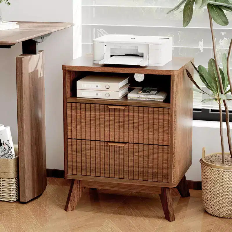 Table de chevet cannelée moderne, Table d'appoint en bois, Table d'appoint avec 2 tiroirs + étagère ouverte, Table de chevet pour chambre à coucher, salon