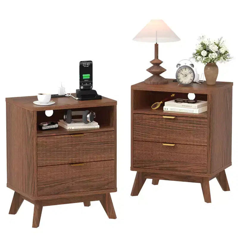 Table de chevet cannelée moderne, Table d'appoint en bois, Table d'appoint avec 2 tiroirs + étagère ouverte, Table de chevet pour chambre à coucher, salon