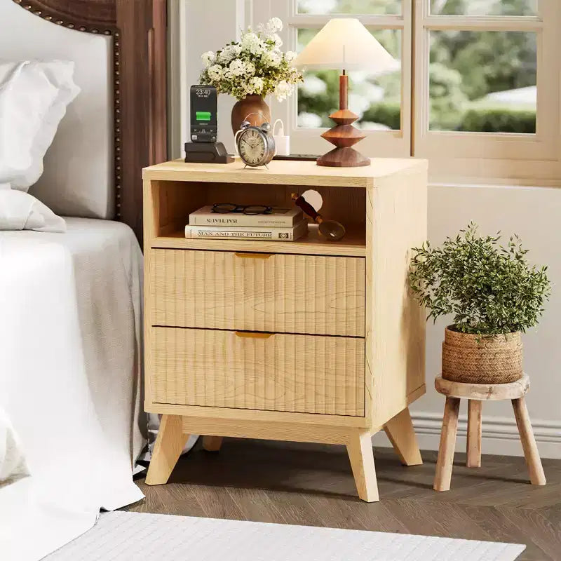 Table de chevet cannelée moderne, Table d'appoint en bois, Table d'appoint avec 2 tiroirs + étagère ouverte, Table de chevet pour chambre à coucher, salon