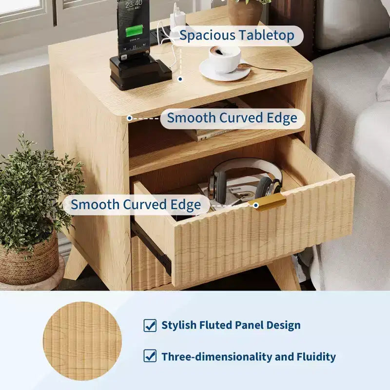 Table de chevet cannelée moderne, Table d'appoint en bois, Table d'appoint avec 2 tiroirs + étagère ouverte, Table de chevet pour chambre à coucher, salon