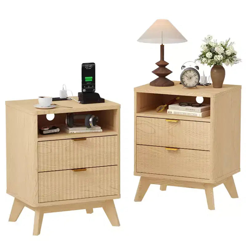 Table de chevet cannelée moderne, Table d'appoint en bois, Table d'appoint avec 2 tiroirs + étagère ouverte, Table de chevet pour chambre à coucher, salon