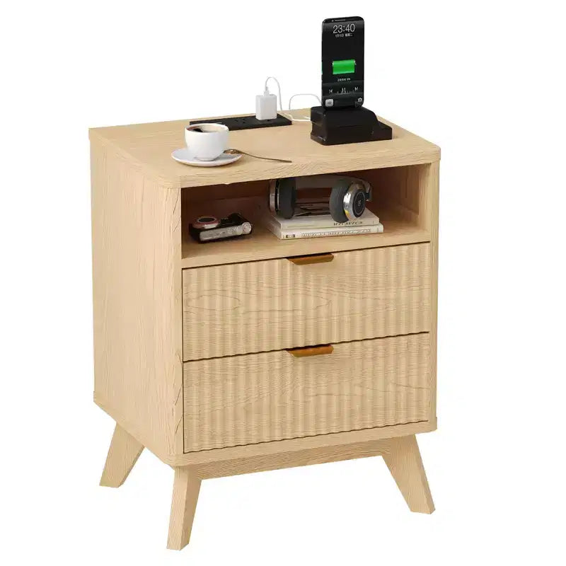 GustoWave Modern Fluted Nightstand, Wood Side Table, End Table with 2 Drawers + Open Shelf,Bedside Table for Bedroom, Living Room
