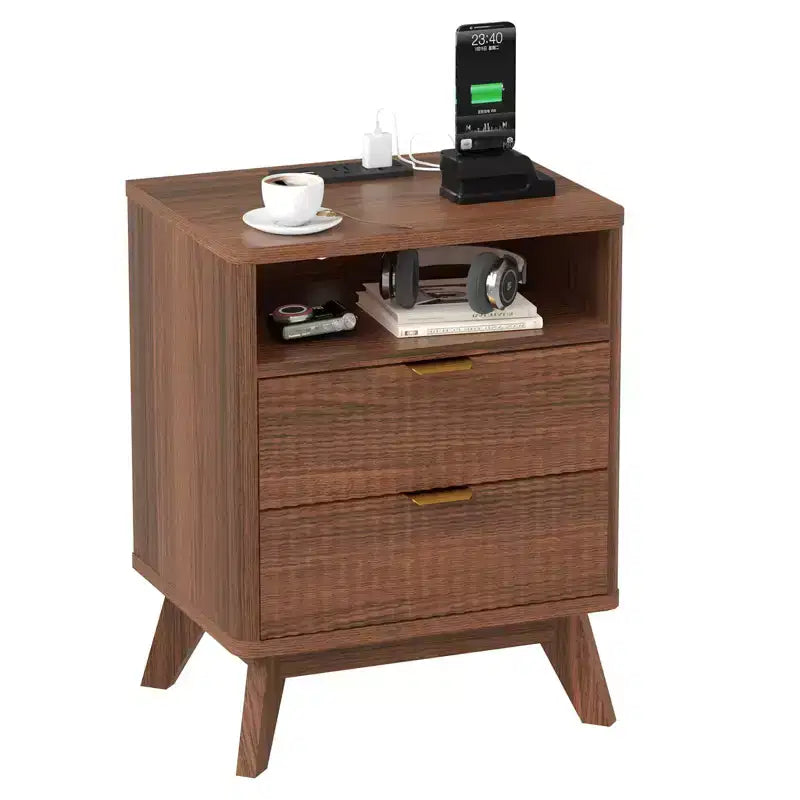 Table de chevet cannelée moderne, Table d'appoint en bois, Table d'appoint avec 2 tiroirs + étagère ouverte, Table de chevet pour chambre à coucher, salon