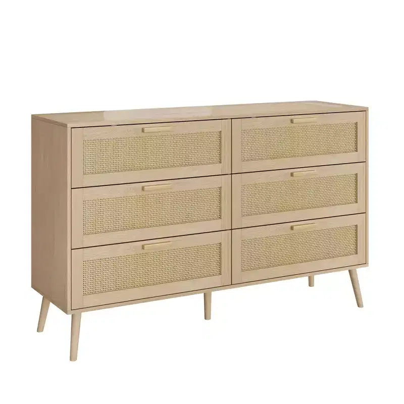 CLIHOME Rattan 6 Drawers Chest of Dressers for Bedroom, Modern 6 Drawer Dresser, Rattan Dresser Storage Cabinet with wood Handles