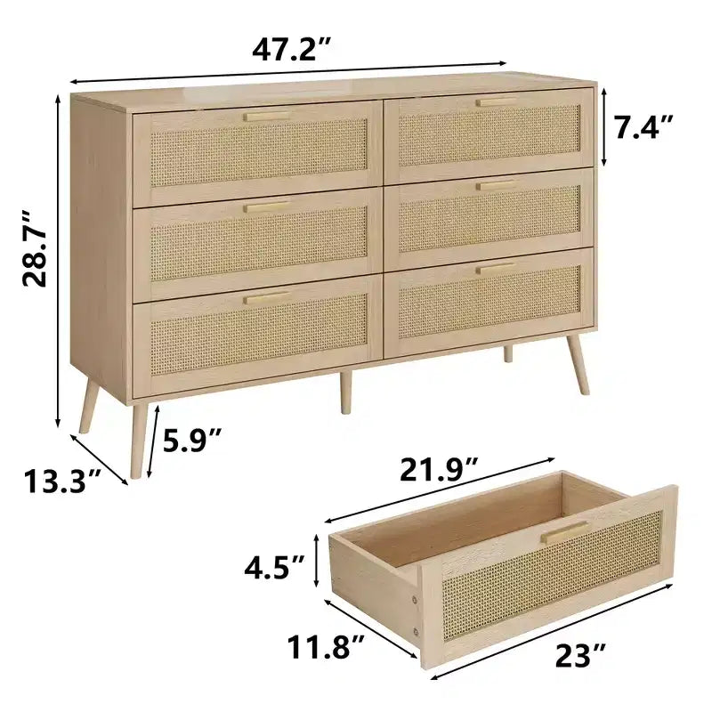 Commode en rotin à 6 tiroirs pour chambre à coucher, Commode moderne à 6 tiroirs, Armoire de rangement en rotin avec poignées en bois