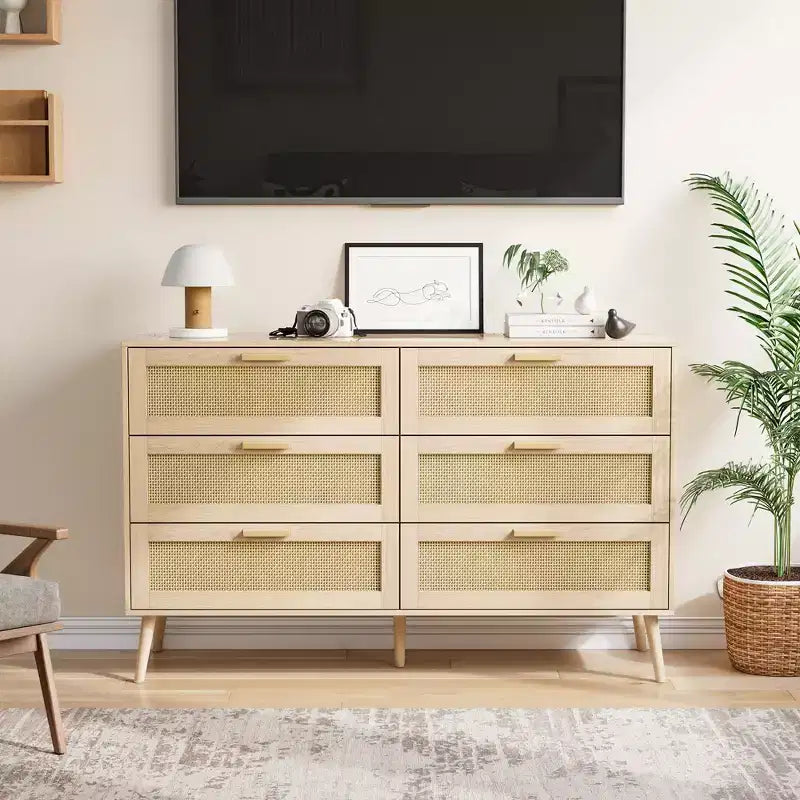 Commode en rotin à 6 tiroirs pour chambre à coucher, Commode moderne à 6 tiroirs, Armoire de rangement en rotin avec poignées en bois