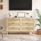 Commode en rotin à 6 tiroirs pour chambre à coucher, Commode moderne à 6 tiroirs, Armoire de rangement en rotin avec poignées en bois