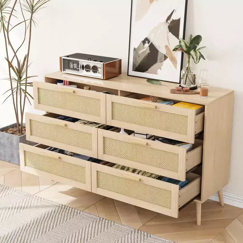 Commode en rotin à 6 tiroirs pour chambre à coucher, Commode moderne à 6 tiroirs, Armoire de rangement en rotin avec poignées en bois