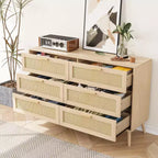 Commode en rotin à 6 tiroirs pour chambre à coucher, Commode moderne à 6 tiroirs, Armoire de rangement en rotin avec poignées en bois