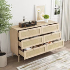 Commode en rotin à 6 tiroirs pour chambre à coucher, Commode moderne à 6 tiroirs, Armoire de rangement en rotin avec poignées en bois