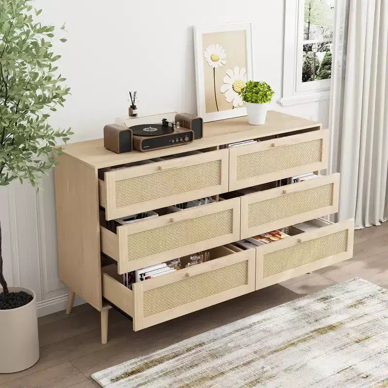 Commode en rotin à 6 tiroirs pour chambre à coucher, Commode moderne à 6 tiroirs, Armoire de rangement en rotin avec poignées en bois