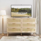 Commode en rotin à 6 tiroirs pour chambre à coucher, Commode moderne à 6 tiroirs, Armoire de rangement en rotin avec poignées en bois