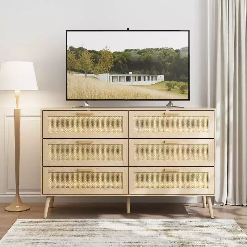 Commode en rotin à 6 tiroirs pour chambre à coucher, Commode moderne à 6 tiroirs, Armoire de rangement en rotin avec poignées en bois