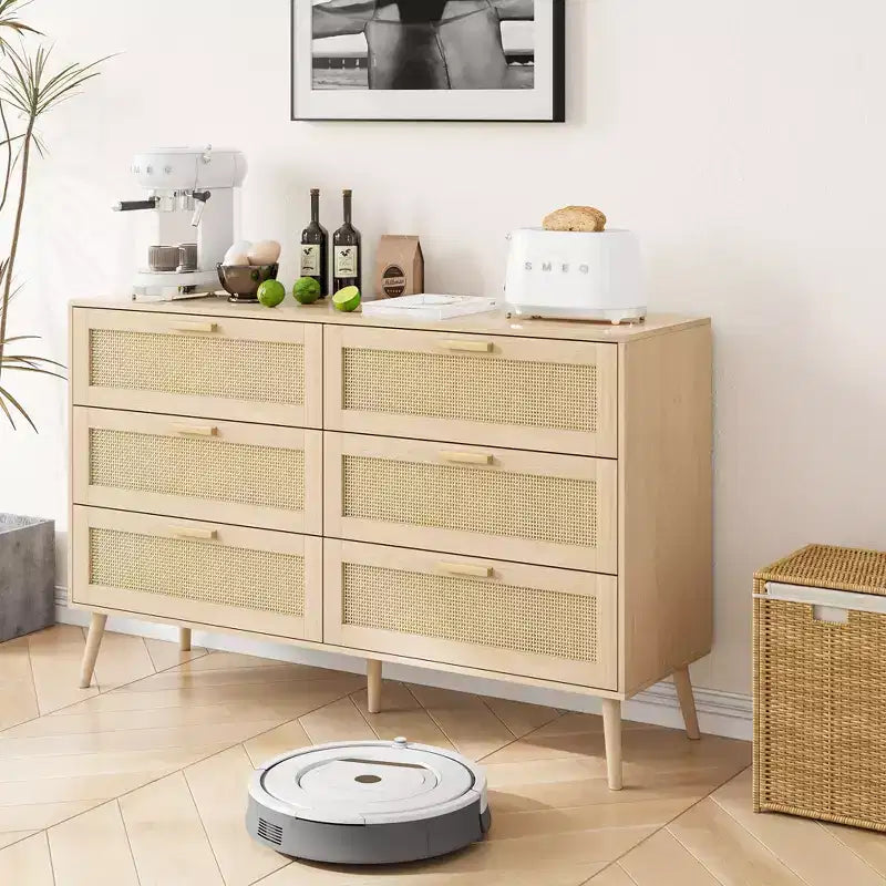 Commode en rotin à 6 tiroirs pour chambre à coucher, Commode moderne à 6 tiroirs, Armoire de rangement en rotin avec poignées en bois