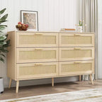 Commode en rotin à 6 tiroirs pour chambre à coucher, Commode moderne à 6 tiroirs, Armoire de rangement en rotin avec poignées en bois