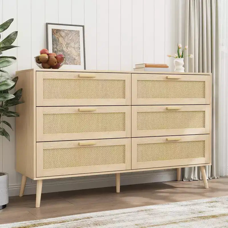 Commode en rotin à 6 tiroirs pour chambre à coucher, Commode moderne à 6 tiroirs, Armoire de rangement en rotin avec poignées en bois