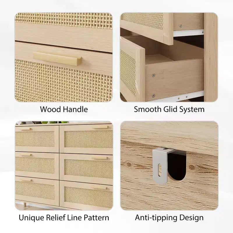 Commode en rotin à 6 tiroirs pour chambre à coucher, Commode moderne à 6 tiroirs, Armoire de rangement en rotin avec poignées en bois