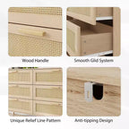 Commode en rotin à 6 tiroirs pour chambre à coucher, Commode moderne à 6 tiroirs, Armoire de rangement en rotin avec poignées en bois