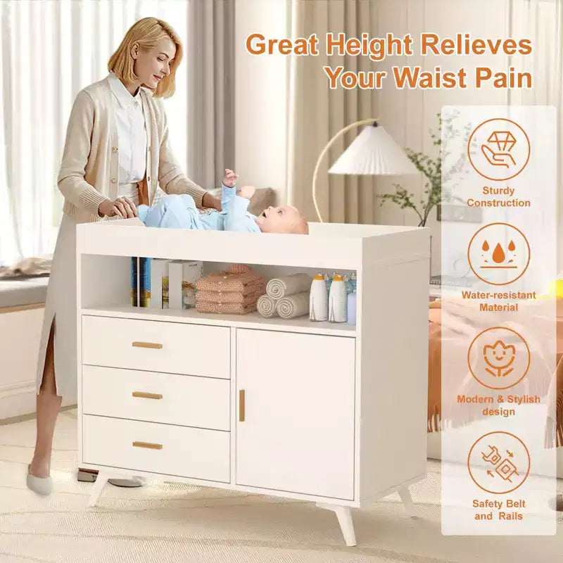 Commode à langer pour bébés, commode à langer 3 tiroirs avec matelas à langer amovible, commode avec plateau à langer, commode pour chambre de bébé
