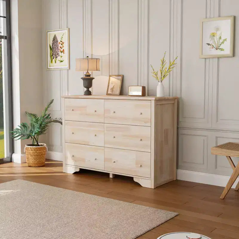 Commode à 6 tiroirs en MDF (panneaux de fibres à densité moyenne) naturel de 120 cm de large