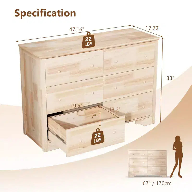 Commode à 6 tiroirs en MDF (panneaux de fibres à densité moyenne) naturel de 120 cm de large