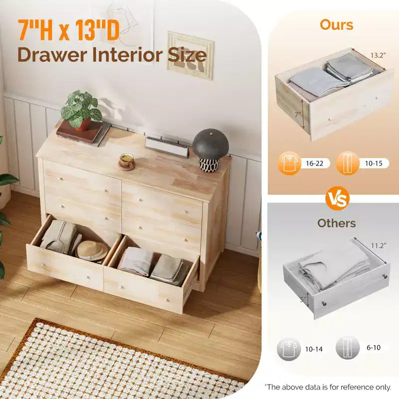 Commode à 6 tiroirs en MDF (panneaux de fibres à densité moyenne) naturel de 120 cm de large