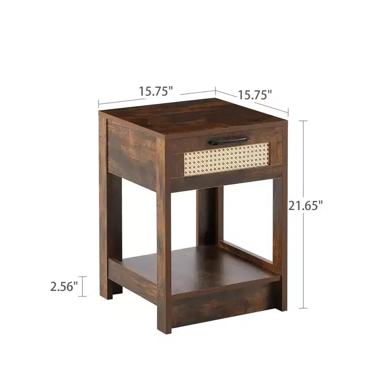 Tables de chevet en rotin, avec tiroir décoratif en rotin et étagère ouverte, Table de chevet de ferme avec tiroir et étagère de rangement