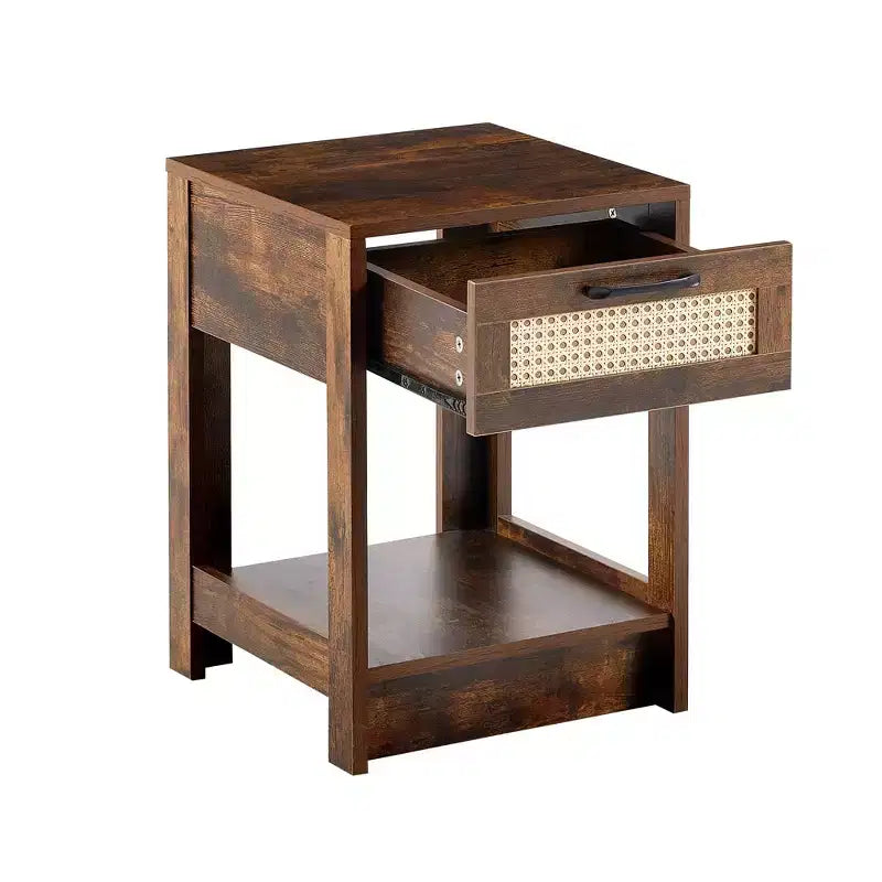 Tables de chevet en rotin, avec tiroir décoratif en rotin et étagère ouverte, Table de chevet de ferme avec tiroir et étagère de rangement