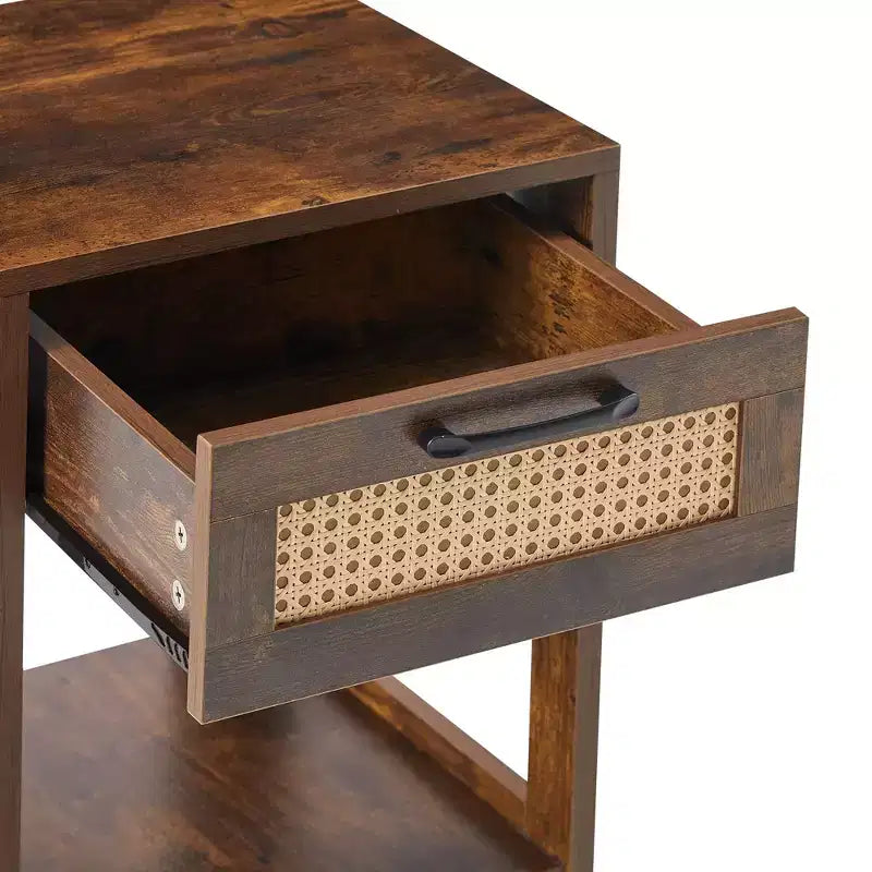 Tables de chevet en rotin, avec tiroir décoratif en rotin et étagère ouverte, Table de chevet de ferme avec tiroir et étagère de rangement