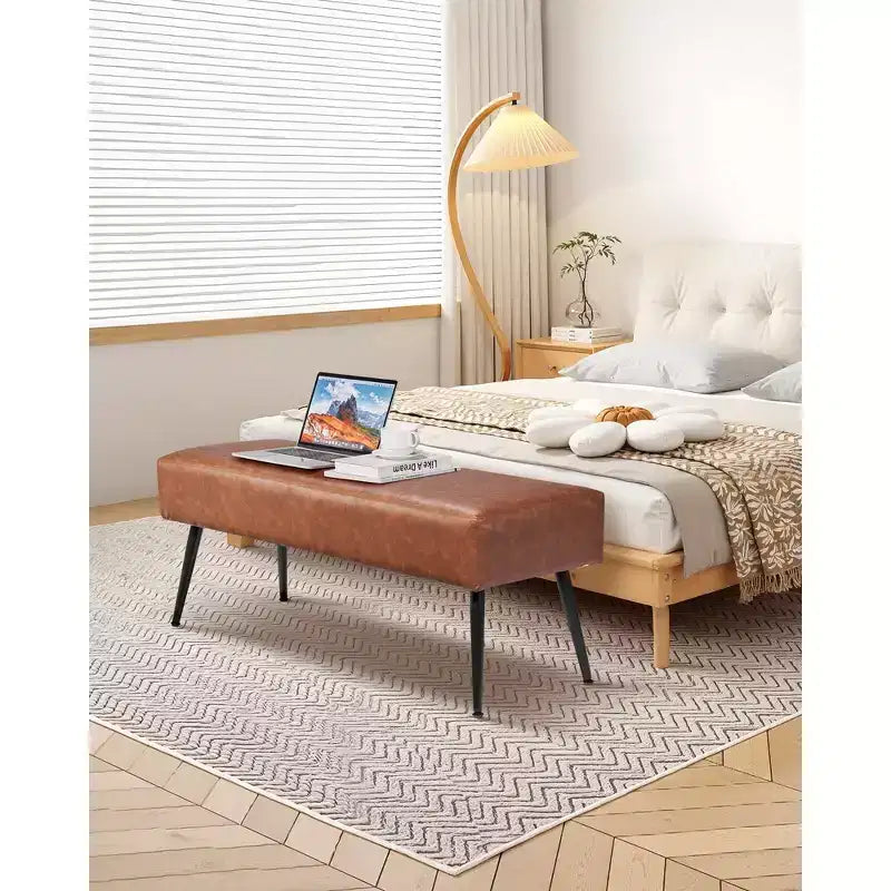 Banc de chambre en cuir, banc en cuir PU avec pieds en métal et surpiqûres pour entrée, banc à chaussures rembourré, marron