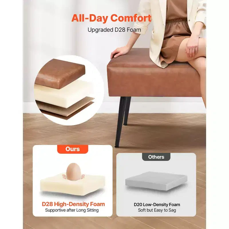 Banc de chambre en cuir, banc en cuir PU avec pieds en métal et surpiqûres pour entrée, banc à chaussures rembourré, marron