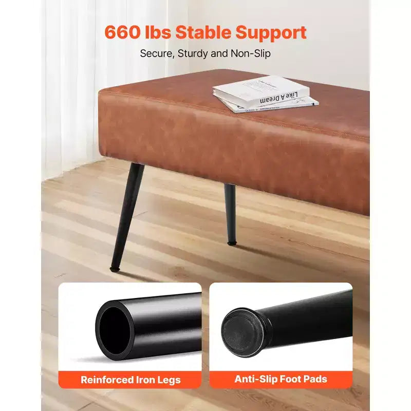 Banc de chambre en cuir, banc en cuir PU avec pieds en métal et surpiqûres pour entrée, banc à chaussures rembourré, marron
