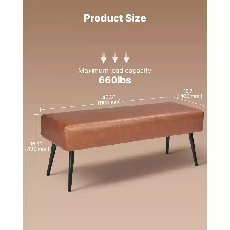 Banc de chambre en cuir, banc en cuir PU avec pieds en métal et surpiqûres pour entrée, banc à chaussures rembourré, marron