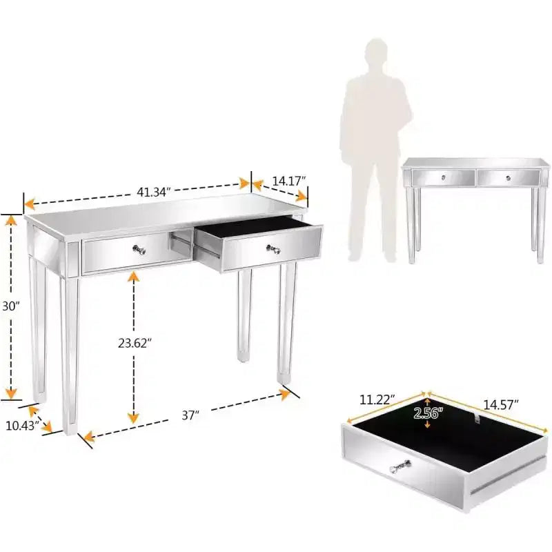 Bureau d'ordinateur à deux tiroirs de style moderne, miroir argenté, 105*36*76cm