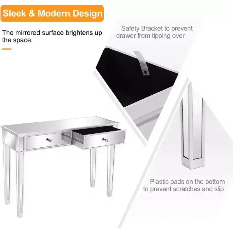 Bureau d'ordinateur à deux tiroirs de style moderne, miroir argenté, 105*36*76cm