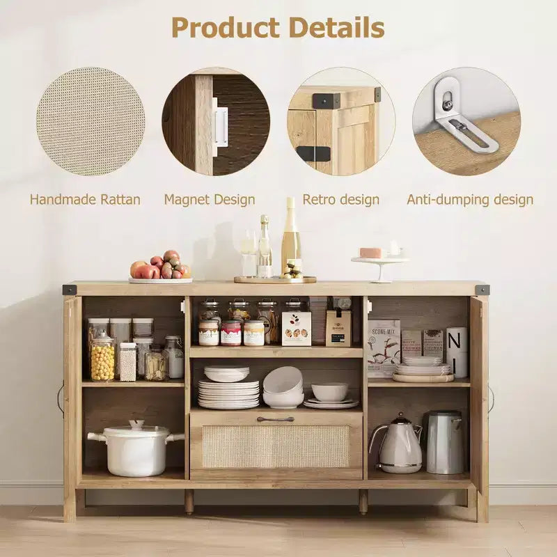 Buffet de rangement en rotin 59'' avec tiroir, meuble de bar à café de ferme pour salon et cuisine