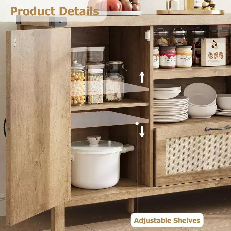 Buffet de rangement en rotin 59'' avec tiroir, meuble de bar à café de ferme pour salon et cuisine