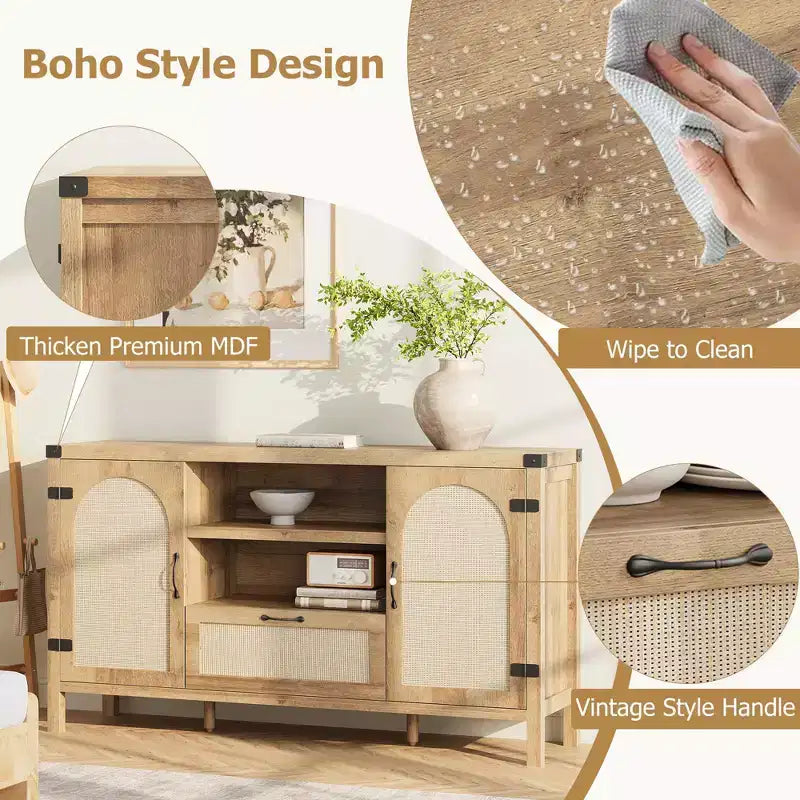Buffet de rangement en rotin 59'' avec tiroir, meuble de bar à café de ferme pour salon et cuisine