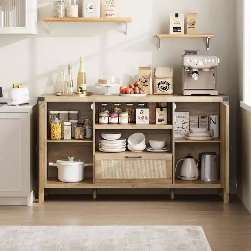 Buffet de rangement en rotin 59'' avec tiroir, meuble de bar à café de ferme pour salon et cuisine