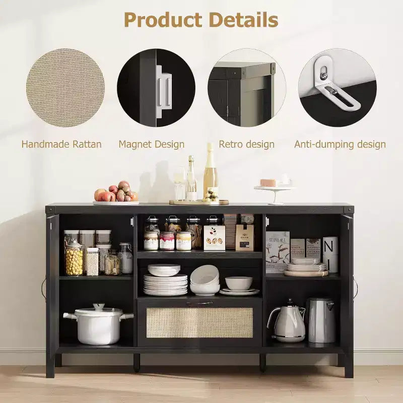 Buffet de rangement en rotin 59'' avec tiroir, meuble de bar à café de ferme pour salon et cuisine