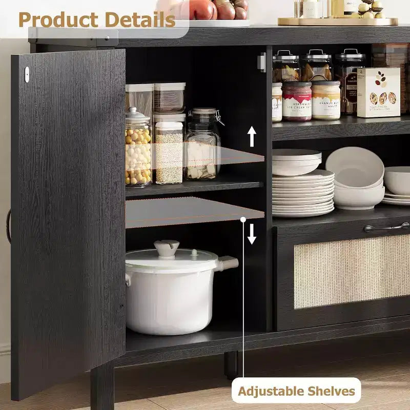 Buffet de rangement en rotin 59'' avec tiroir, meuble de bar à café de ferme pour salon et cuisine