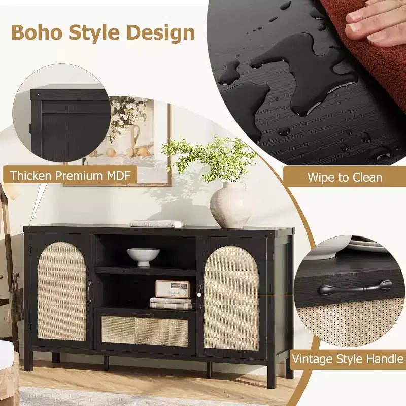 Buffet de rangement en rotin 59'' avec tiroir, meuble de bar à café de ferme pour salon et cuisine