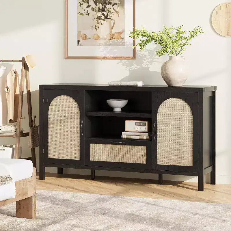 Buffet de rangement en rotin 59'' avec tiroir, meuble de bar à café de ferme pour salon et cuisine