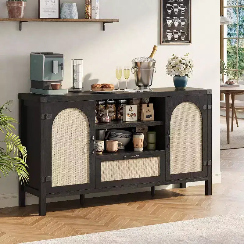 59 Rattan Sideboard Buffet Cabinet with Drawer, Farmhouse Coffee Bar for Living Room & Kitchen