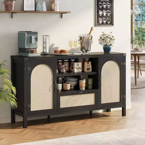 59 Rattan Sideboard Buffet Cabinet with Drawer, Farmhouse Coffee Bar for Living Room & Kitchen