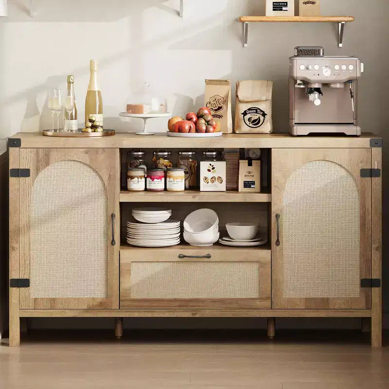 Buffet de rangement en rotin 59'' avec tiroir, meuble de bar à café de ferme pour salon et cuisine