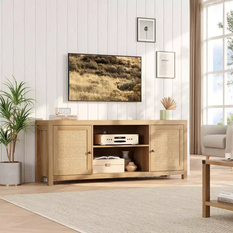 COZONY Boho TV Stand with 2 Rattan Doors for 65/75 inch TVs, 58/66 inch Media Console