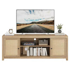 Meuble TV bohème avec 2 portes en rotin pour téléviseurs de 65/75 pouces, Console multimédia de 58/66 pouces